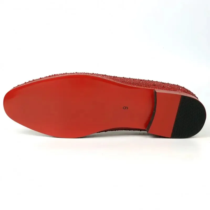 Fiesso FI-7525 Red Suede Red Rhinestones Slip on Loafers