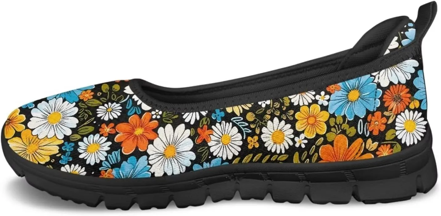 Flower Pattern Shoes for Women Slip On Loafer Flats Mesh Walking Shoes for Ballet Nurse Work Comfortable Everyday Wear