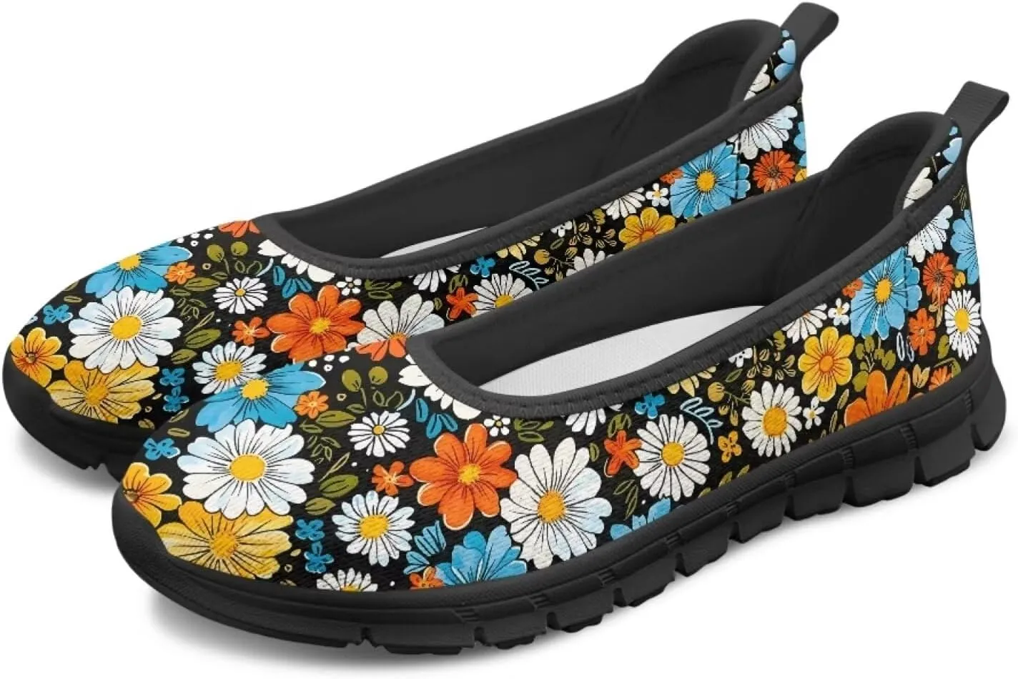 Flower Pattern Shoes for Women Slip On Loafer Flats Mesh Walking Shoes for Ballet Nurse Work Comfortable Everyday Wear
