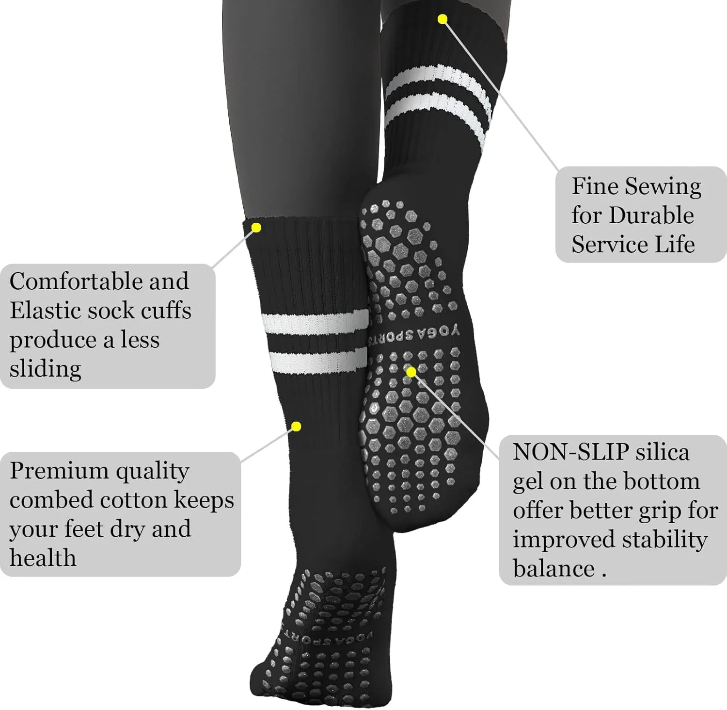 Flydo Pilates Grippy Socks with Grips for Women Yoga Non Slip Long Socks for Pure Barre, Ballet,Dance Workout 2-5 Pack