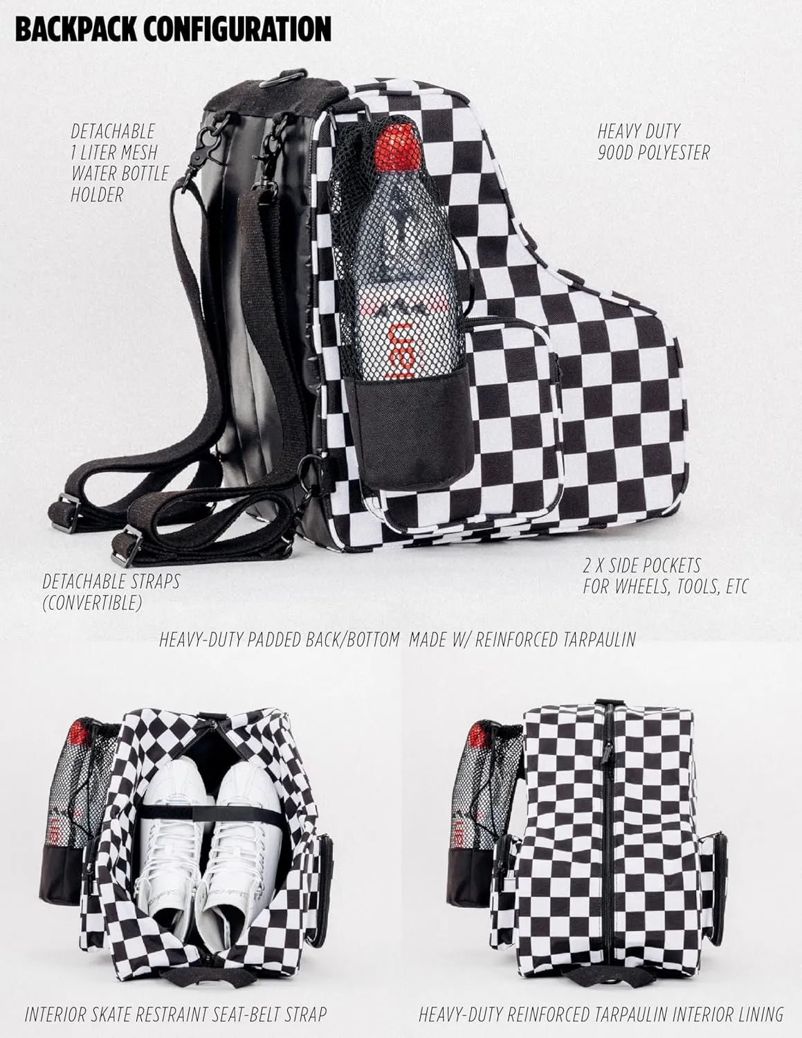 Fydelity- Retro Cute Roller Skate Bag for Women, Converts into Roller Skates Backpack –Heavy Duty Roller Skating Bag Fits Mens Ice Skate, Boys Inline Skates, Girls Figure Skates