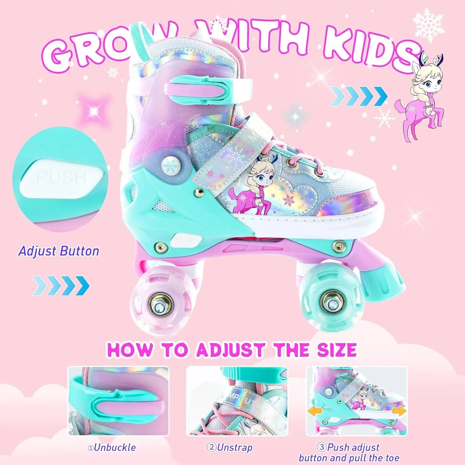 Girls Adjustable Roller Skates All Wheels Luminous Light Up Roller Skate Shoes for Kids Children