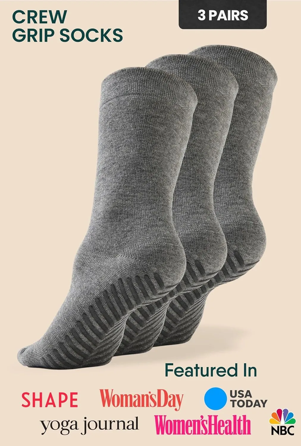 Gripjoy Non-Slip Socks for Women - Crew, 3 Pairs
