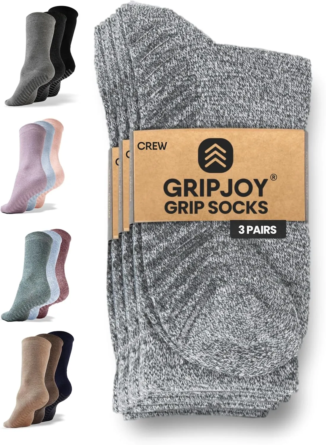 Gripjoy Non-Slip Socks for Women - Crew, 3 Pairs