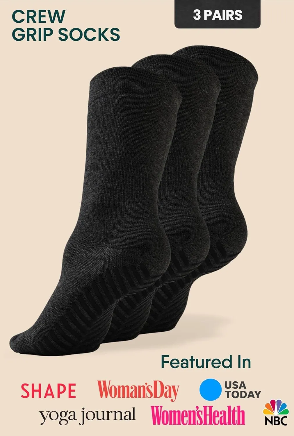 Gripjoy Non-Slip Socks for Women - Crew, 3 Pairs