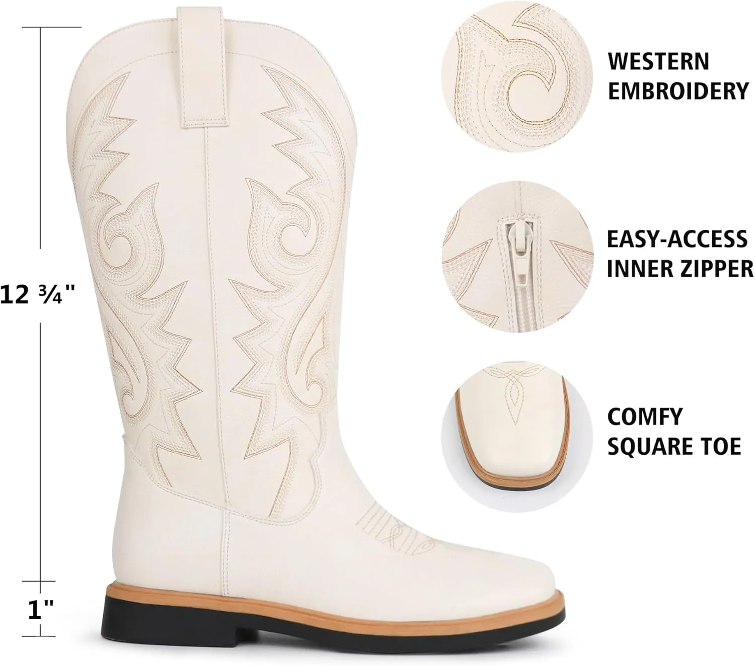 Hawkwell Women's Cowboy Cowgirl Boots Square Toe Side Zipper Embroidered Low Heel Dress Western Mid Calf Boot