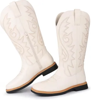 Hawkwell Women's Cowboy Cowgirl Boots Square Toe Side Zipper Embroidered Low Heel Dress Western Mid Calf Boot