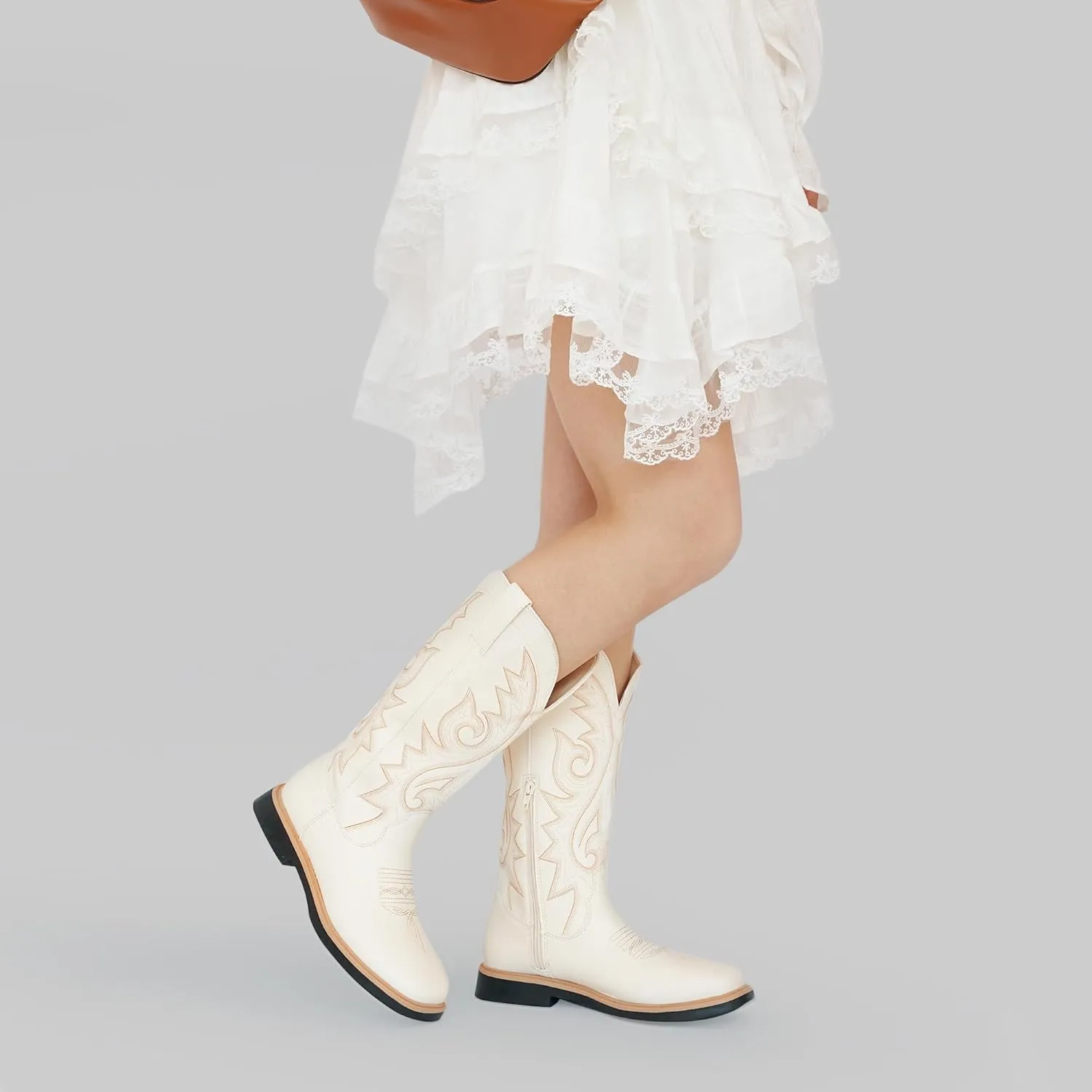 Hawkwell Women's Cowboy Cowgirl Boots Square Toe Side Zipper Embroidered Low Heel Dress Western Mid Calf Boot