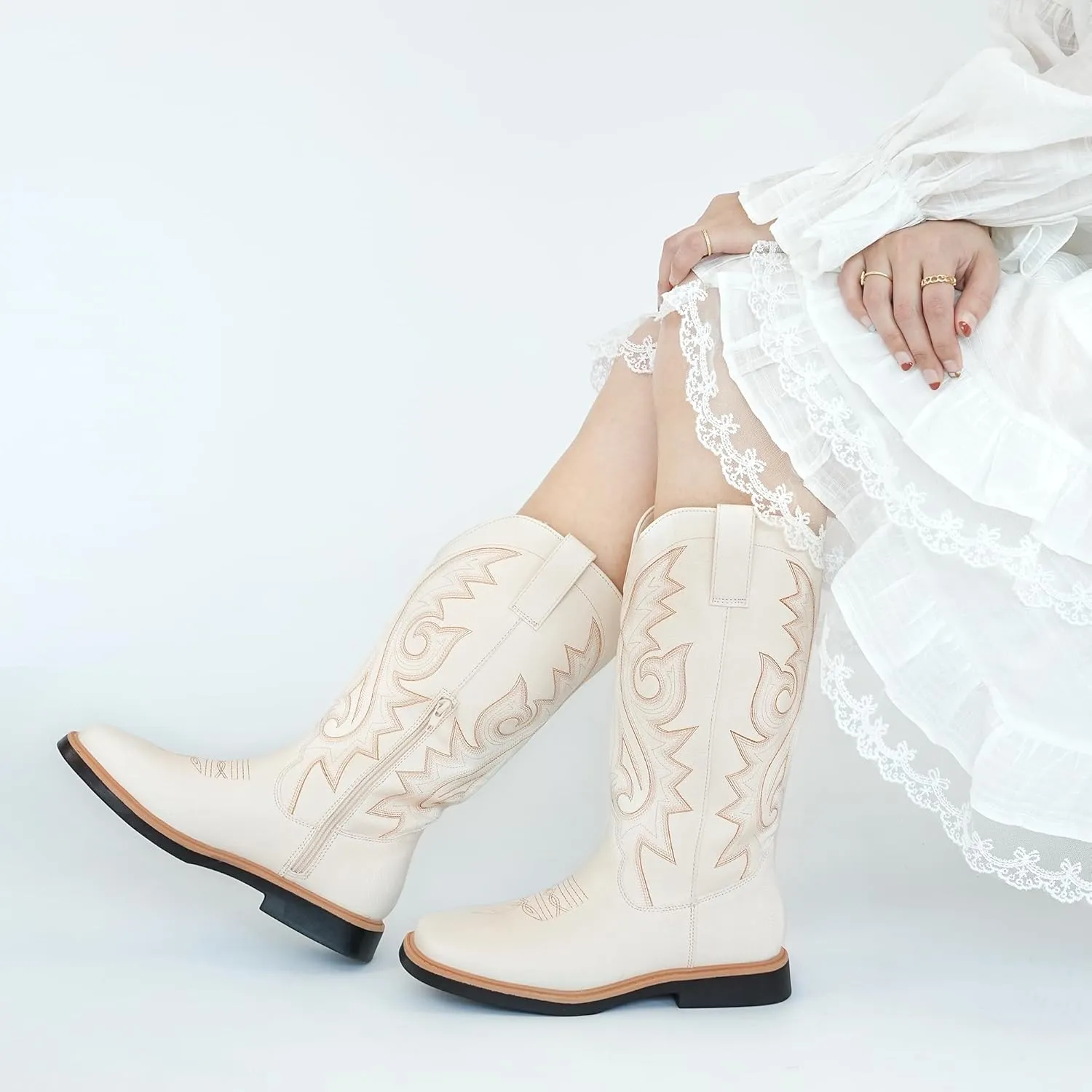 Hawkwell Women's Cowboy Cowgirl Boots Square Toe Side Zipper Embroidered Low Heel Dress Western Mid Calf Boot