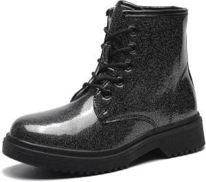 HIKLDK Girls Boots Glitter Combat Boot Winter Waterproof Side Zipper Lace-up Walking Shoes for Toddlers Little Kid szie