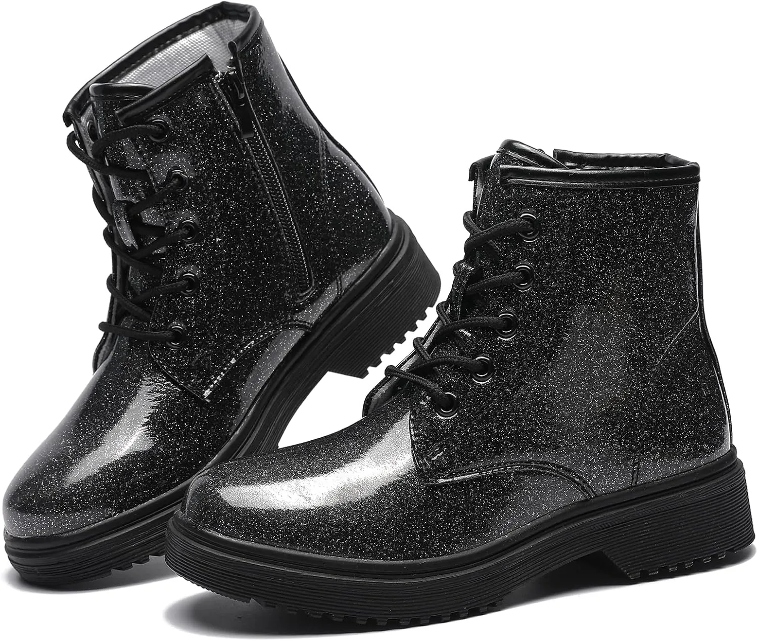 HIKLDK Girls Boots Glitter Combat Boot Winter Waterproof Side Zipper Lace-up Walking Shoes for Toddlers Little Kid szie