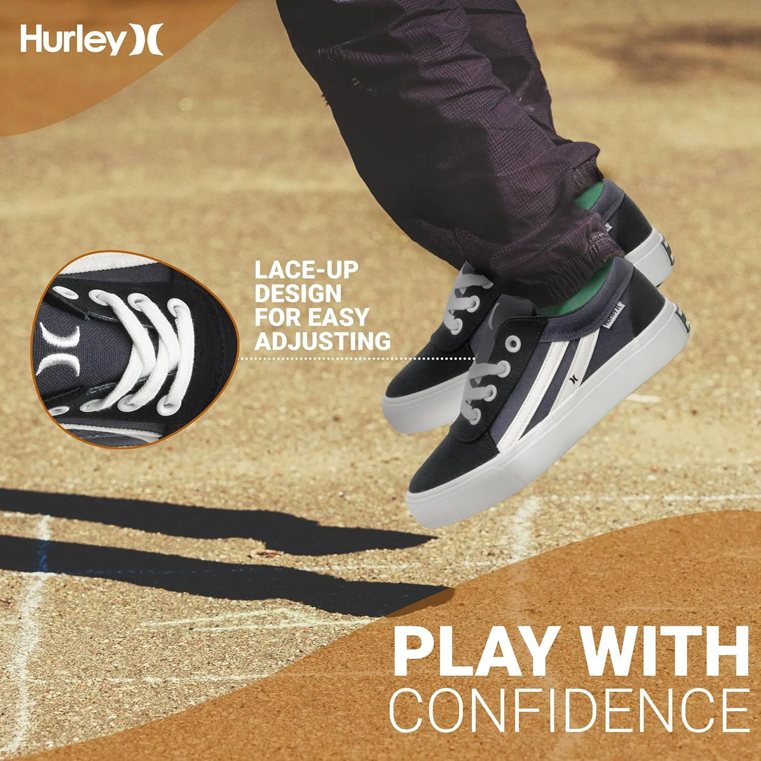 Hurley Boardy Kids Lace Up Canvas Sneakers – Low Cut Skateboarding Shoes for Kids, Sports Shoes for Boys and Girls