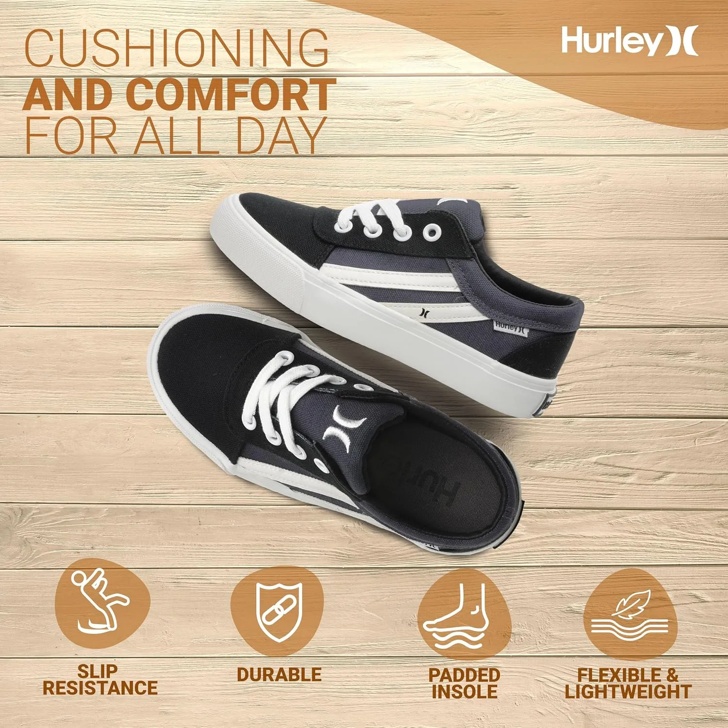 Hurley Boardy Kids Lace Up Canvas Sneakers – Low Cut Skateboarding Shoes for Kids, Sports Shoes for Boys and Girls