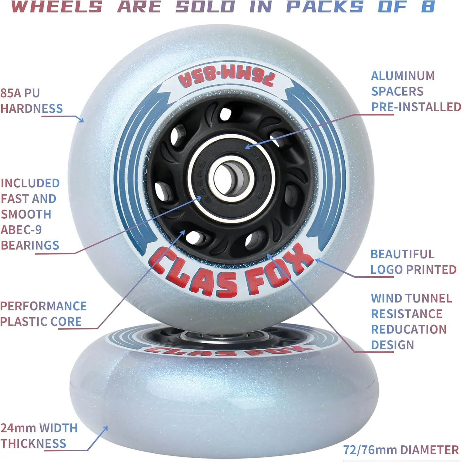 Inline Skate Replacement Wheels With Wheels Bag 72mm/76mm with Bearings ABEC-9 and Floating Spacers for Blades Roller Hockey Skates, 85A Indoor & Outdoor (8-Pack) (72MM)