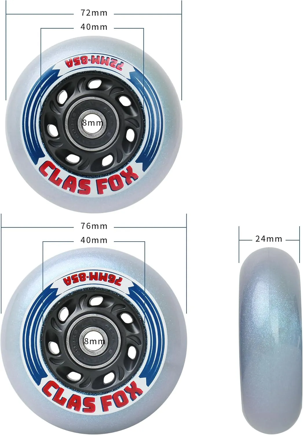 Inline Skate Replacement Wheels With Wheels Bag 72mm/76mm with Bearings ABEC-9 and Floating Spacers for Blades Roller Hockey Skates, 85A Indoor & Outdoor (8-Pack) (72MM)
