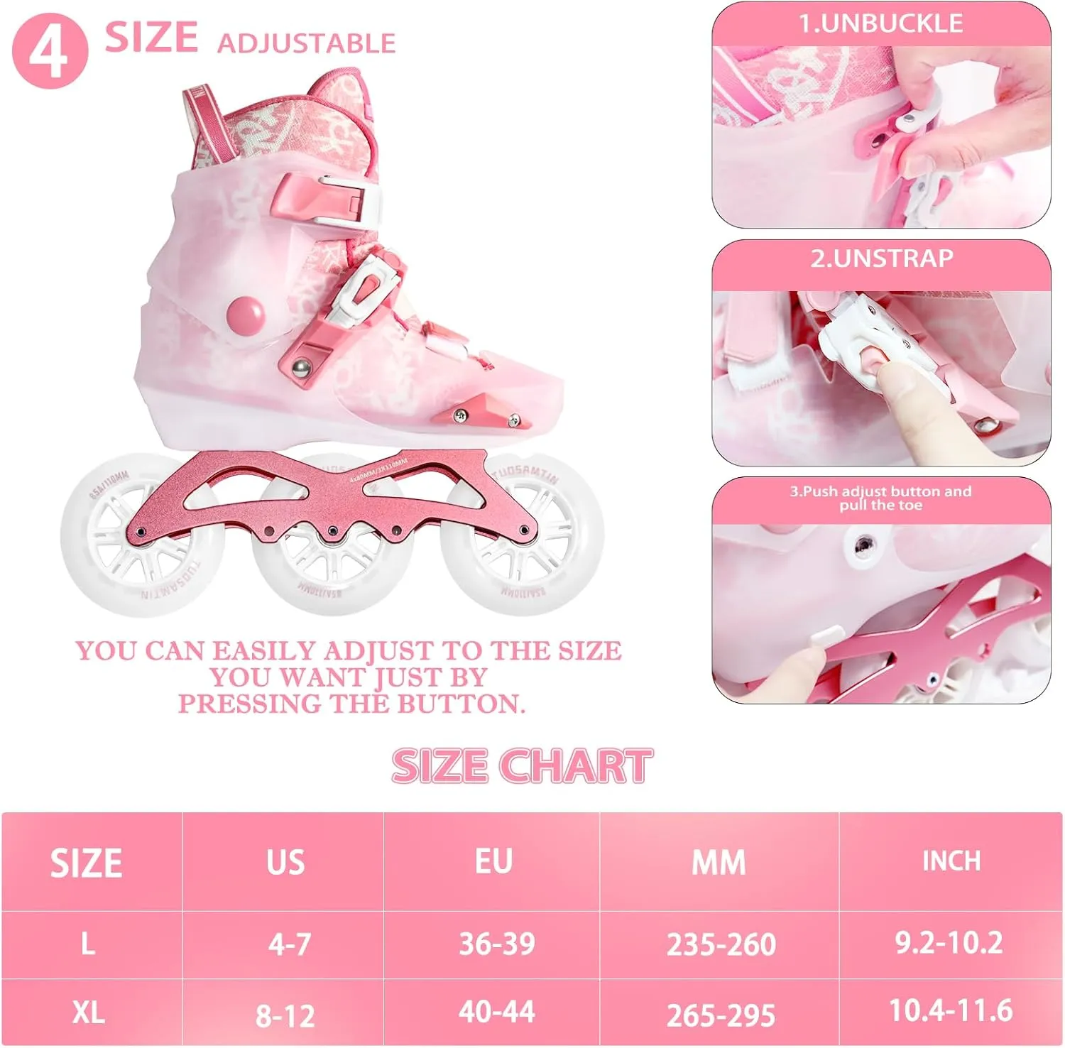 Inline Skates for Women Adult and Girls, Adjustable Outdoor Roller Skates with 3 110MM Wheels