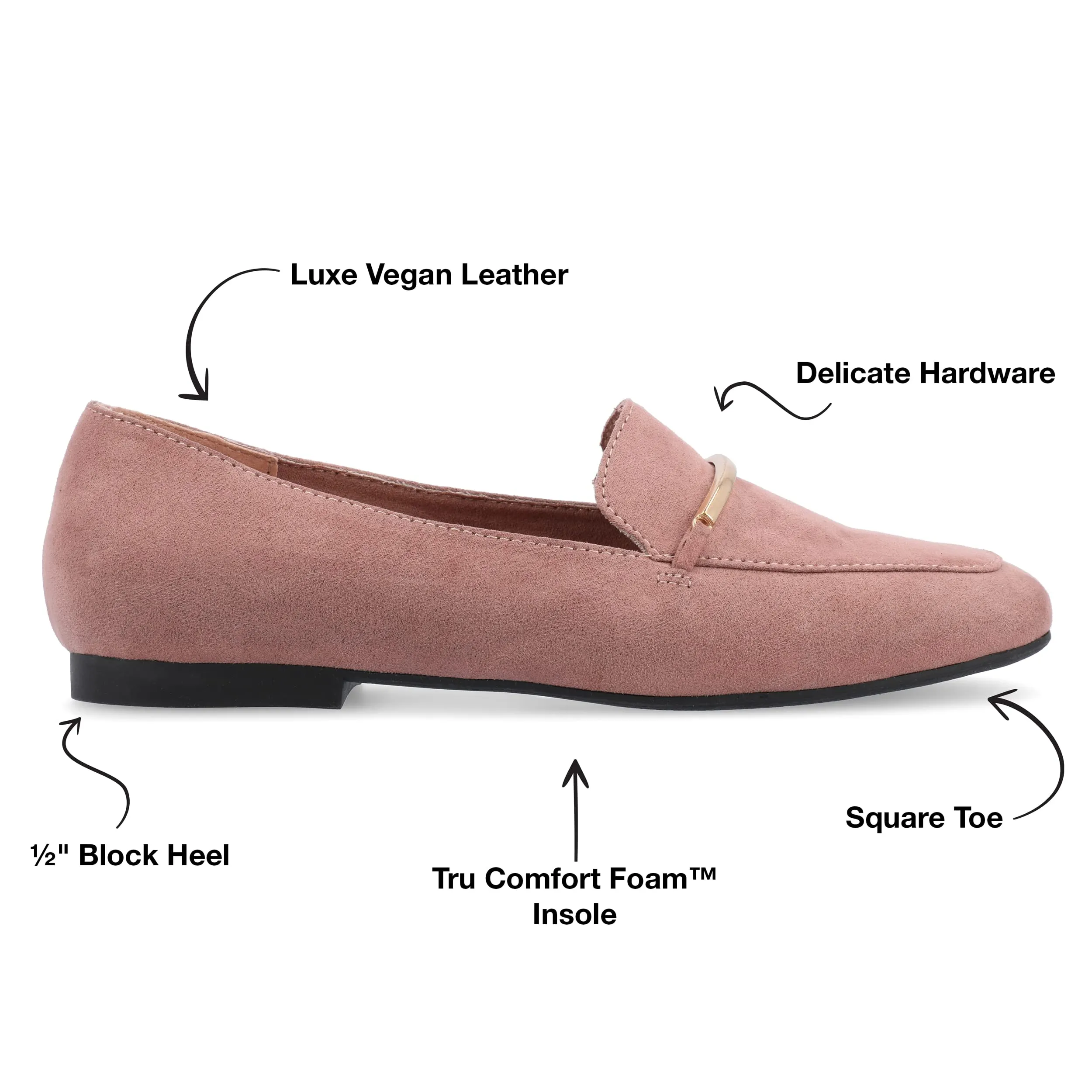 Journee Womens Loafer Flat Notched Topline Square Toe Slip-On Block Heel - Wrenn Casual Dress Shoe Rose 8.5 Medium Womens US