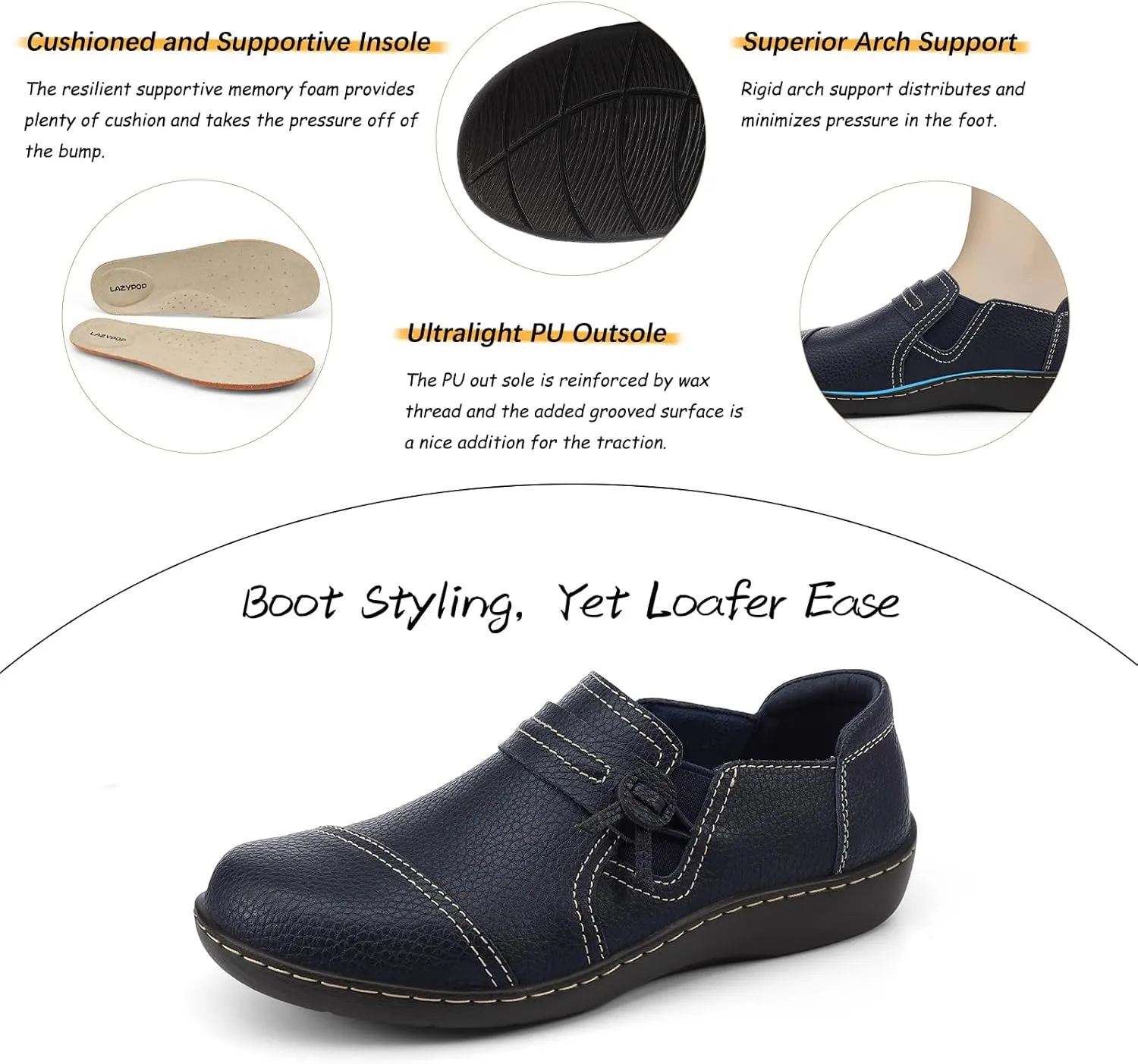 LAZYPOP Women's Classic Comfort Leather Loafers Cute Slip-Ons Casual Dress Shoes Lightweight Walking Flats Everyday Work Shoes