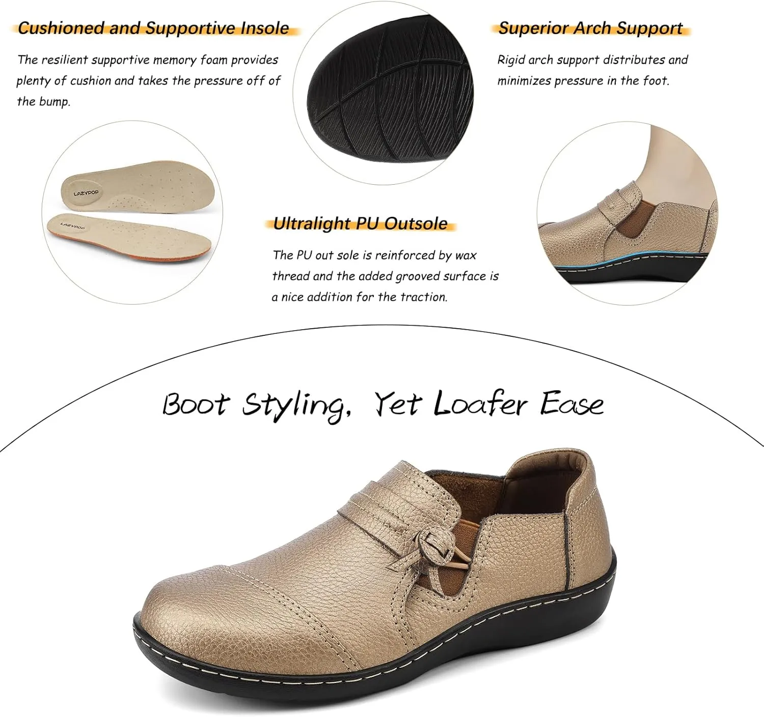 LAZYPOP Women's Classic Comfort Leather Loafers Cute Slip-Ons Casual Dress Shoes Lightweight Walking Flats Everyday Work Shoes