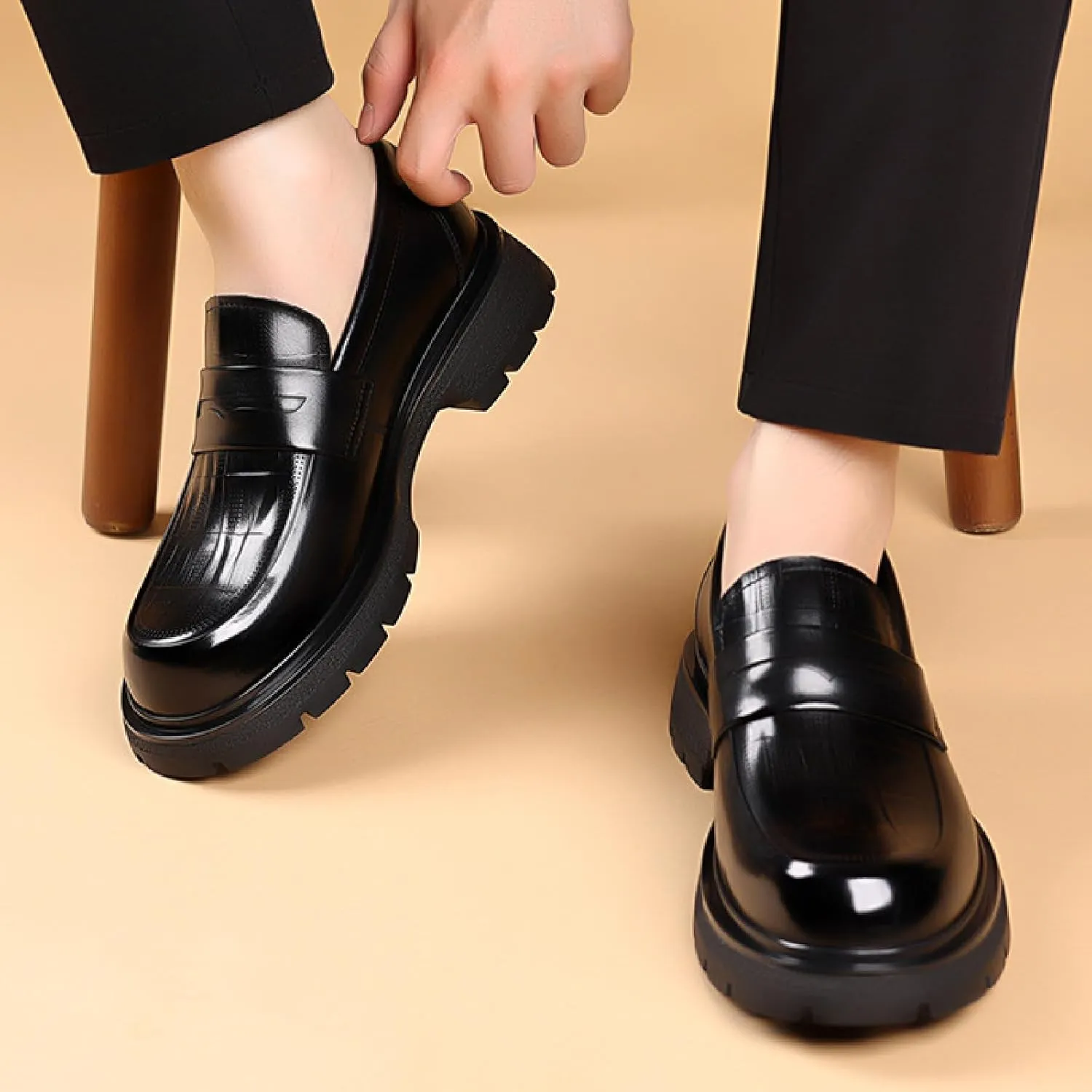 Men's Luxury Genuine Leather Platform Chunky Slip-on Penny Loafers Fashion Round Toe Lug Sole Patent Business Dress Shoes Classic Non-Slip Party Wedding Prom Work Shoes