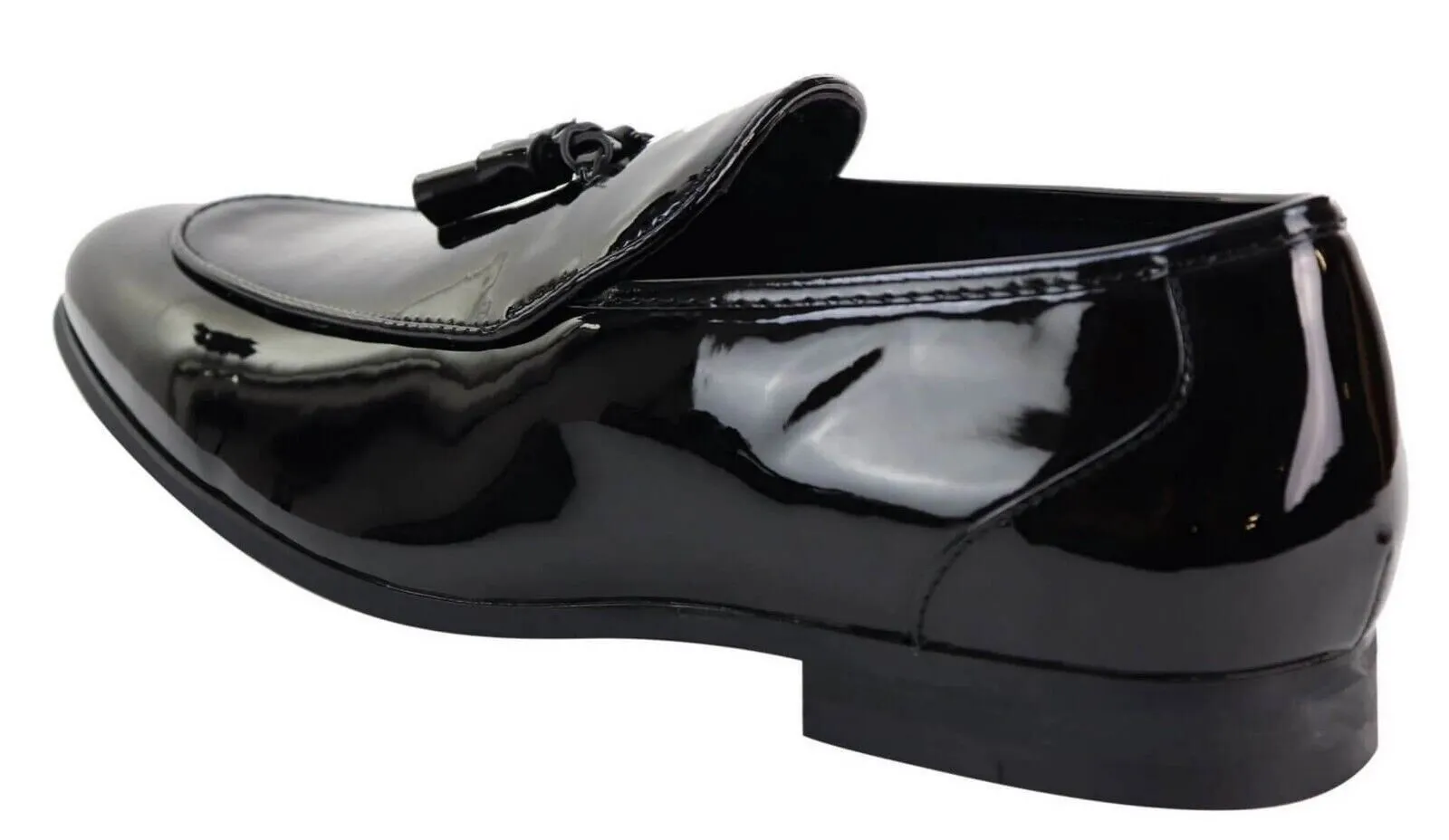 Mens Tasselled Black Patent Leather Slip on Loafers