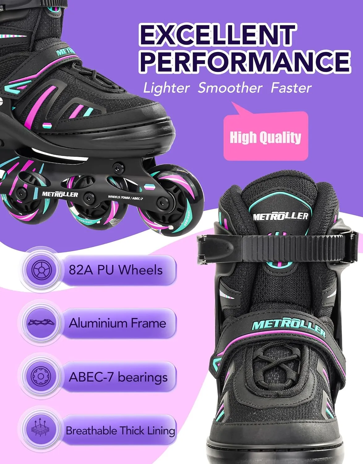 METROLLER Adjustable Inline Skates for Girls Boys with Light up Wheels Roller Skates Kids Youth Fun Beginner Blades Youth Ages 5-8 8-12 Adults Outdoor