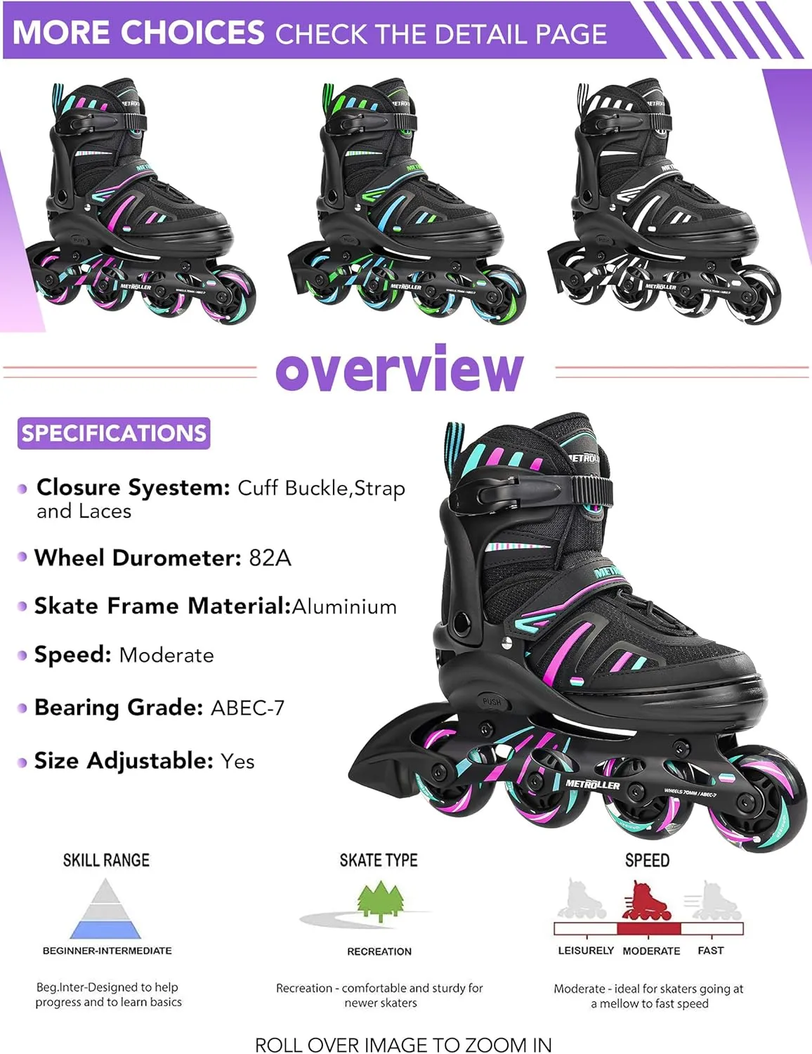 METROLLER Adjustable Inline Skates for Girls Boys with Light up Wheels Roller Skates Kids Youth Fun Beginner Blades Youth Ages 5-8 8-12 Adults Outdoor
