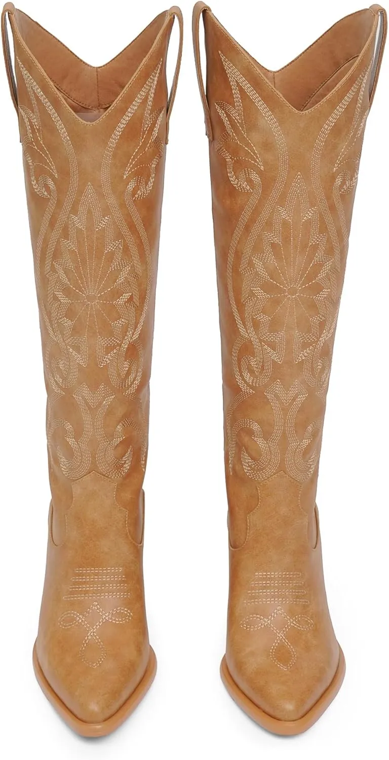 Modatope Cowgirl Boots Women Chunky Heel Knee High Cowboy Boots Embroidery Western Boots for Women
