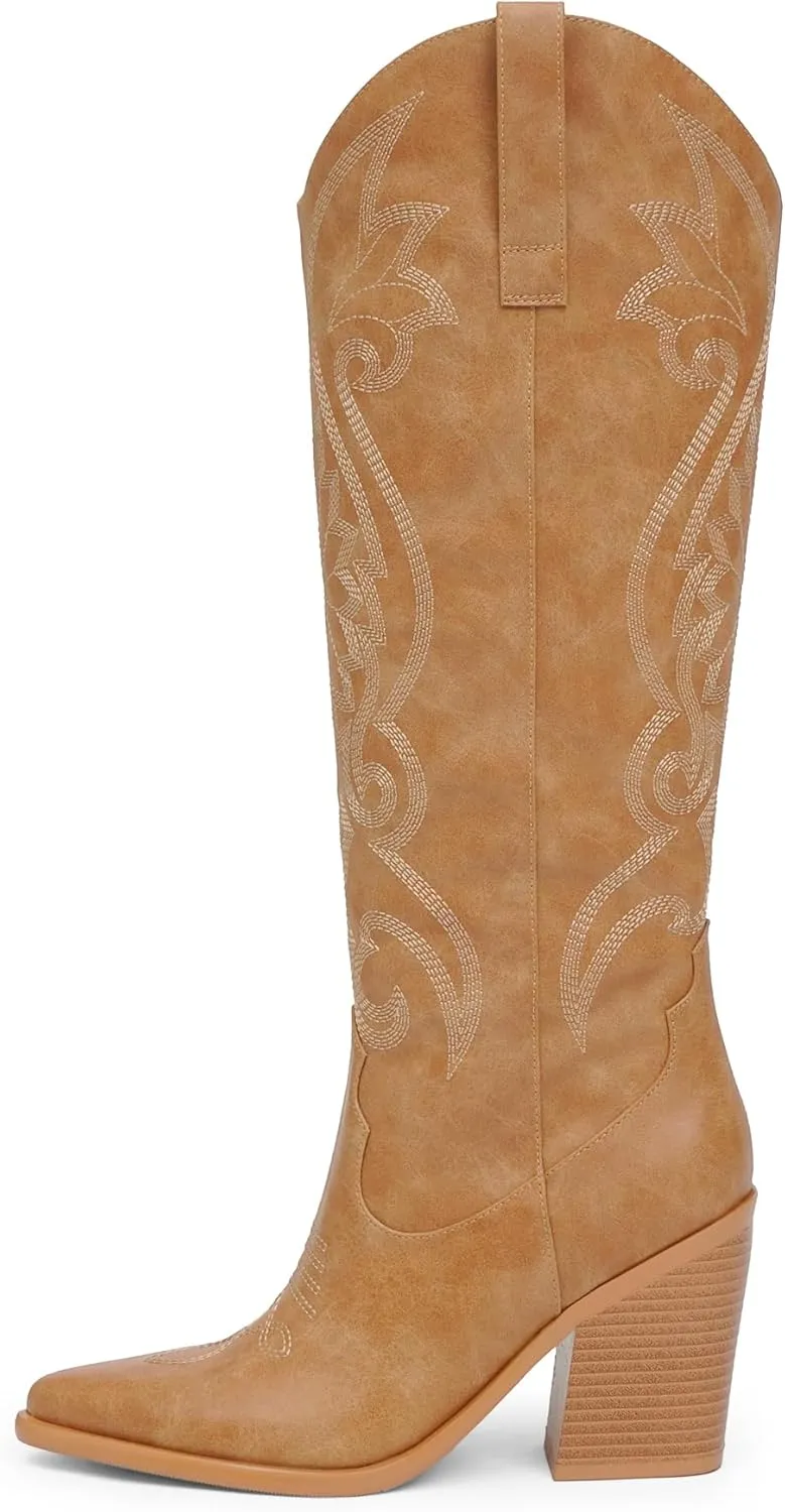 Modatope Cowgirl Boots Women Chunky Heel Knee High Cowboy Boots Embroidery Western Boots for Women