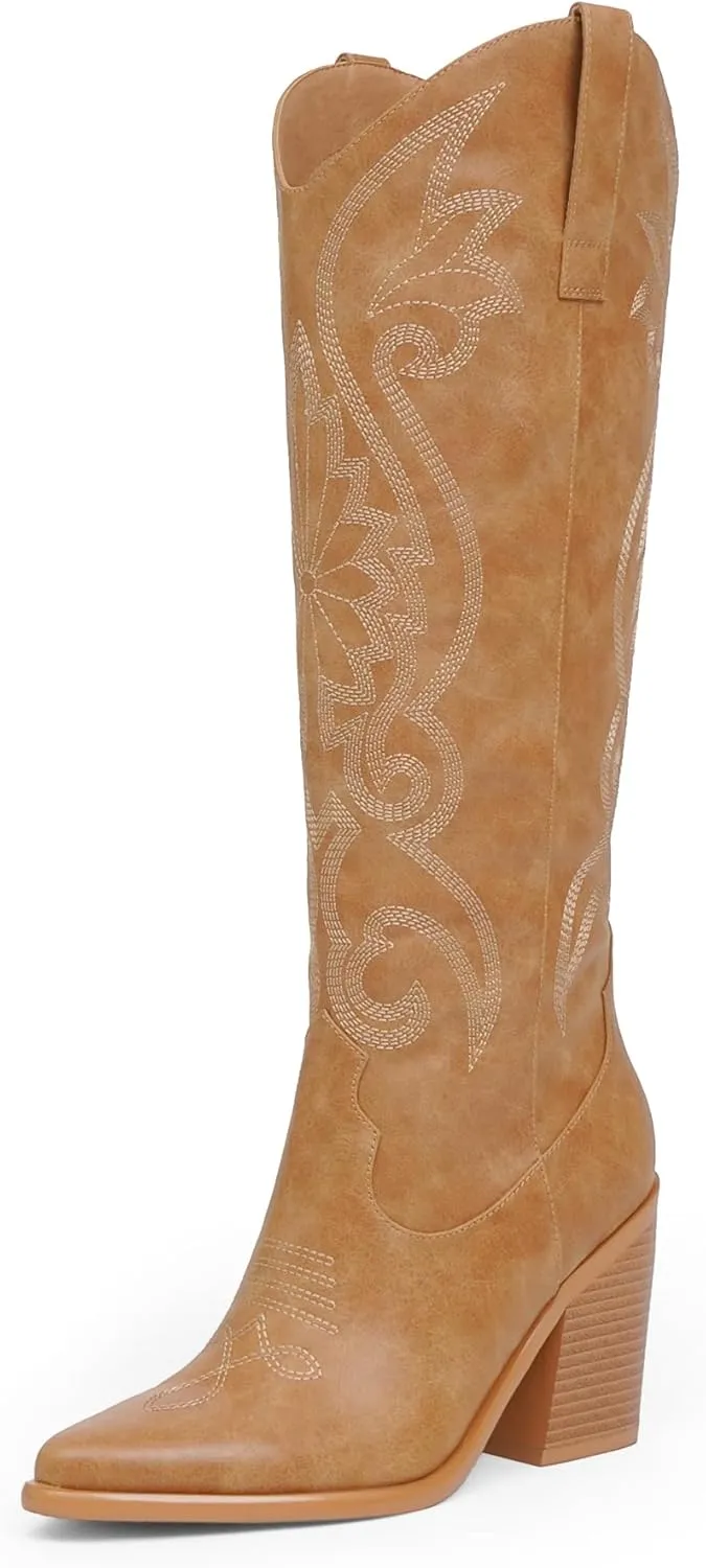 Modatope Cowgirl Boots Women Chunky Heel Knee High Cowboy Boots Embroidery Western Boots for Women