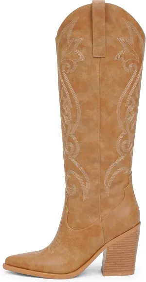 Modatope Cowgirl Boots Women Chunky Heel Knee High Cowboy Boots Embroidery Western Boots for Women