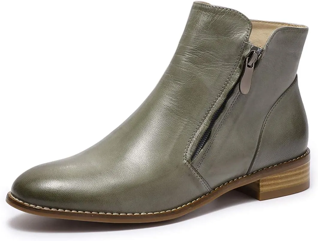 Mona flying Womens Leather Booties Ankle Boots Side Zippers Low Heel Dress Short Boots for Ladies