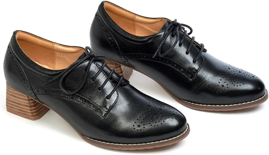 Mona flying Womens Leather Med Chunky Heel Wingtip Brogue Lace-up Dress Oxford Pumps Office Work Heel Shoes for Ladies