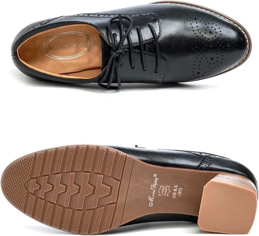 Mona flying Womens Leather Med Chunky Heel Wingtip Brogue Lace-up Dress Oxford Pumps Office Work Heel Shoes for Ladies