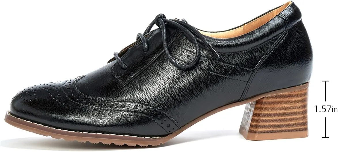 Mona flying Womens Leather Med Chunky Heel Wingtip Brogue Lace-up Dress Oxford Pumps Office Work Heel Shoes for Ladies