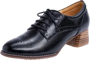 Mona flying Womens Leather Med Chunky Heel Wingtip Brogue Lace-up Dress Oxford Pumps Office Work Heel Shoes for Ladies