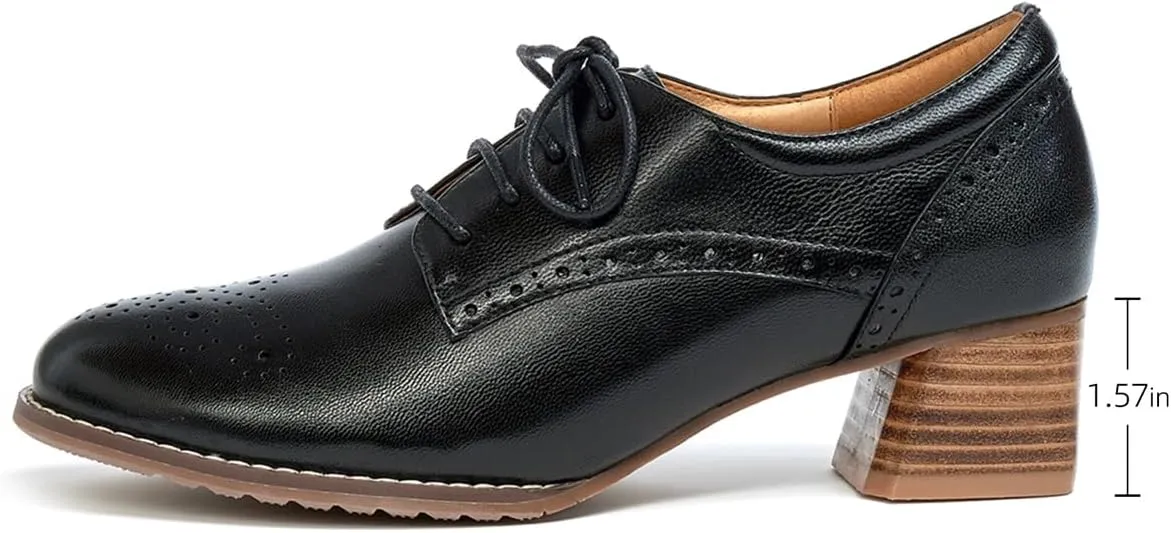 Mona flying Womens Leather Med Chunky Heel Wingtip Brogue Lace-up Dress Oxford Pumps Office Work Heel Shoes for Ladies