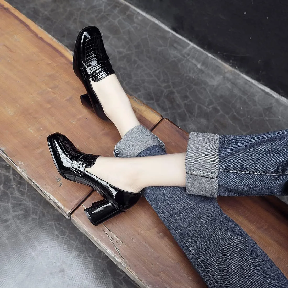 MOOMMO Women Chunky Block Heel Loafers Pumps Square Closed Toe Slip On Dress Shoes Patent Leather Oxford Loafer Shoes Fringe Buckle Tassel Wingtip Office Work Shoe Business Professional 4-11 M US