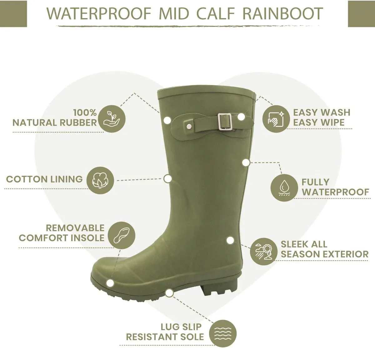 NORTY Women's Hurricane Rain Boots - Mid-Calf Length - Glossy Matte Waterproof Rubber Shoes