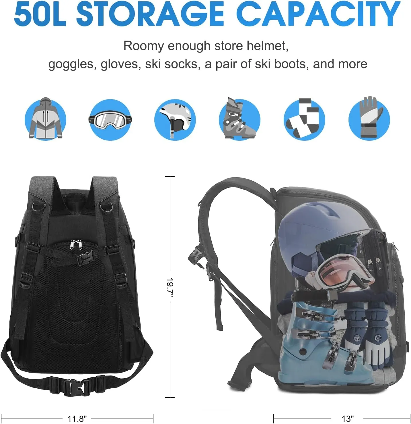 Octsky Ski Boot Bag, 50L Ski Boot Travel Backpack Snowboard Boot Bag for Ski Helmet, Goggles, Gloves, Skis, Snowboard & Accessories, Black