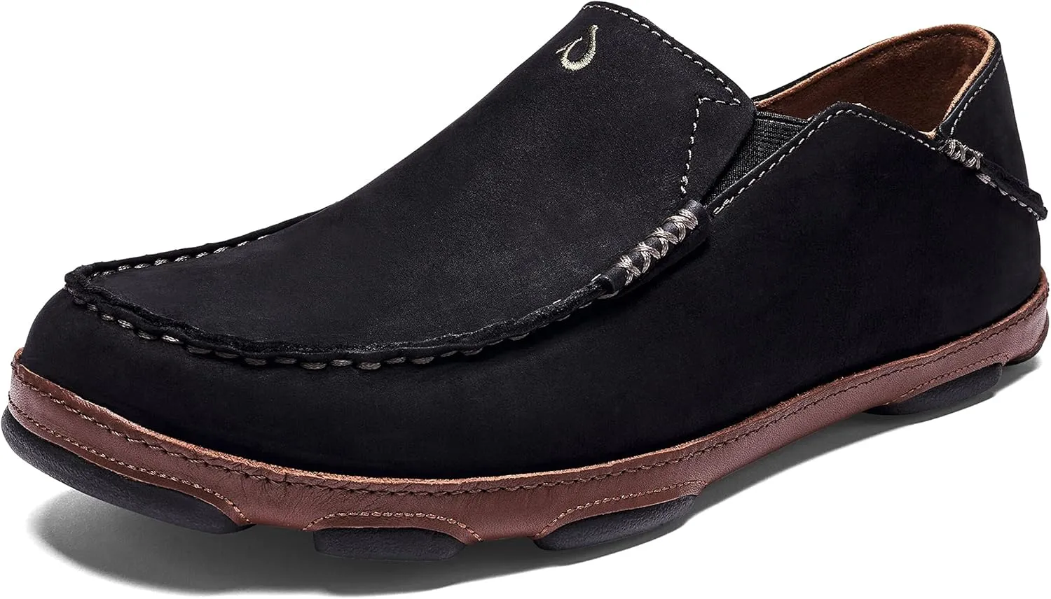 OLUKAI Moloa Men's Premium Leather Shoes, Easy Slip On & Off Design, Casual & Versatile Loafer, Drop-in Heel & Enhanced Traction, Black/Toffee, 15