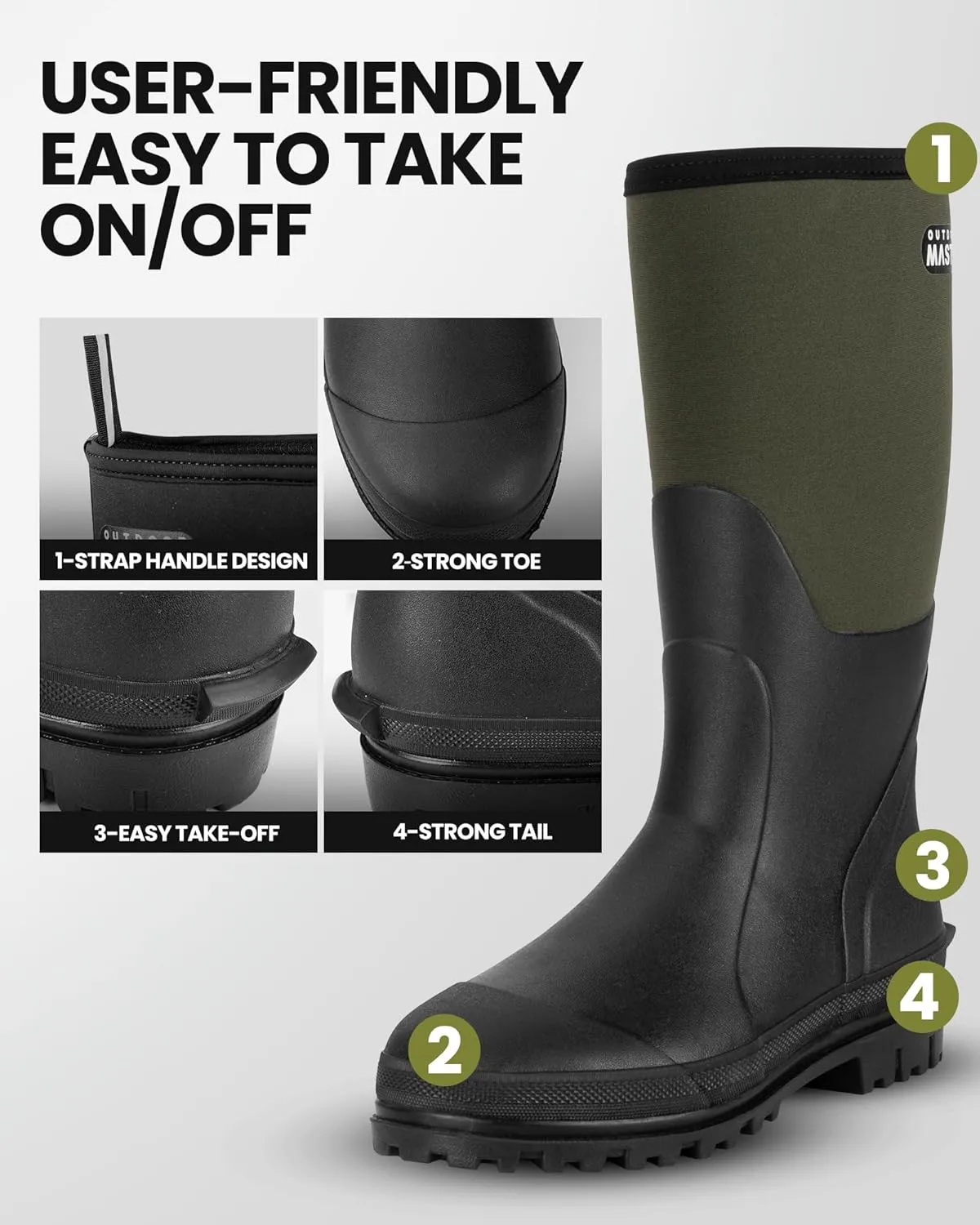 OutdoorMaster Hunting Boots for Men, Waterproof Rubber Neoprene Boots, Anti-slipped Insulated Outdoor Boots