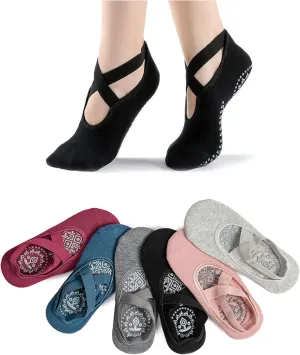 Pilates Socks with Grips for Women, Non Slip Grip Socks with Straps, Grippy Sock for Yoga Workout Barre Size 5.5-11