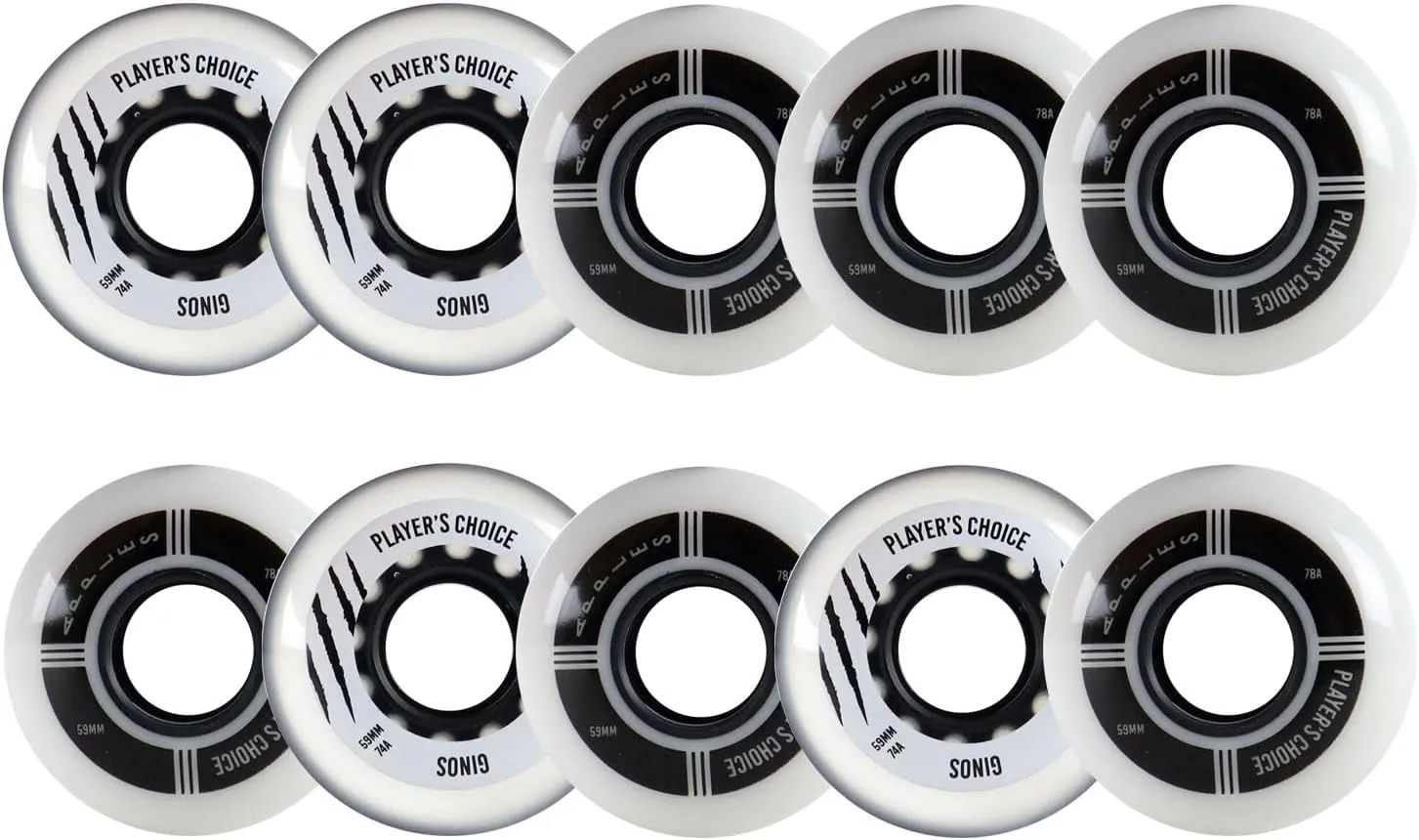 Player's Choice Indoor Roller Hockey Goalie Wheels 10-Pack - 59mm Dual-Pour Super High Rebound Urethane - for Inline Goalie Skates - Extra Soft 74A (4)   Medium 78A (6) Concept