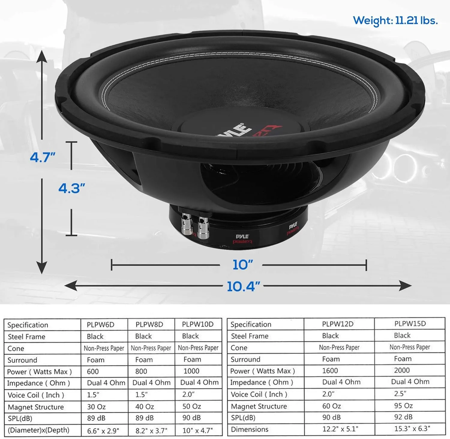 Pyle 10" Car Audio Speaker Subwoofer - 1000 Watt High Power Bass Surround Sound Stereo Subwoofer Speaker System - Non Press Paper Cone, 90 dB, 4 Ohm, 50 oz Magnet, 2 Inch 4 Layer Voice Coil - PLPW10D