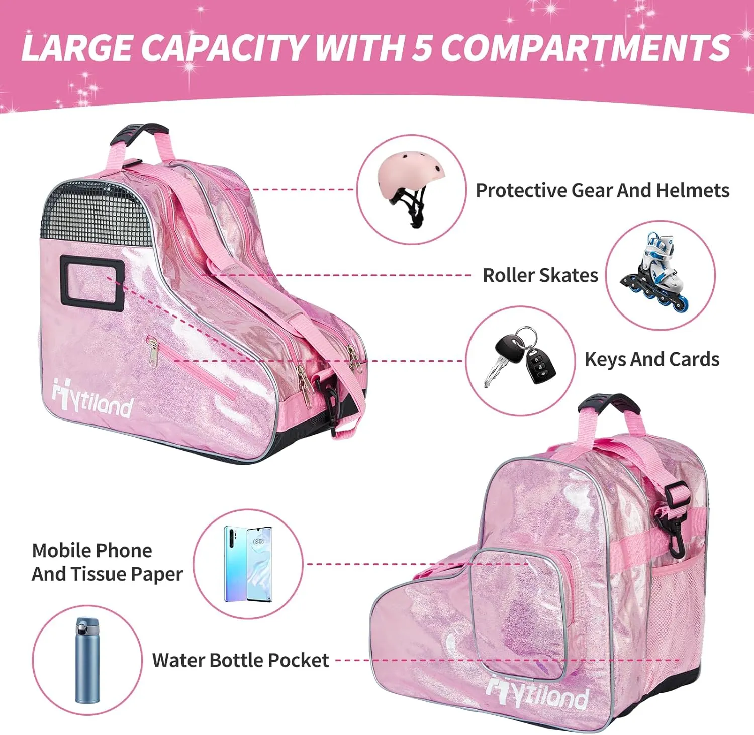 Roller Skate Bag Inline Skates Bag Stylish Plain Holographic Fashion Model Spacious Big Capacity Ice Skate Bag Breathable Mesh Waterproof & Durable Figure Skating Bag For Women And Youth