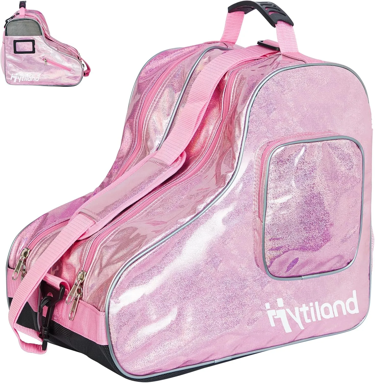 Roller Skate Bag Inline Skates Bag Stylish Plain Holographic Fashion Model Spacious Big Capacity Ice Skate Bag Breathable Mesh Waterproof & Durable Figure Skating Bag For Women And Youth