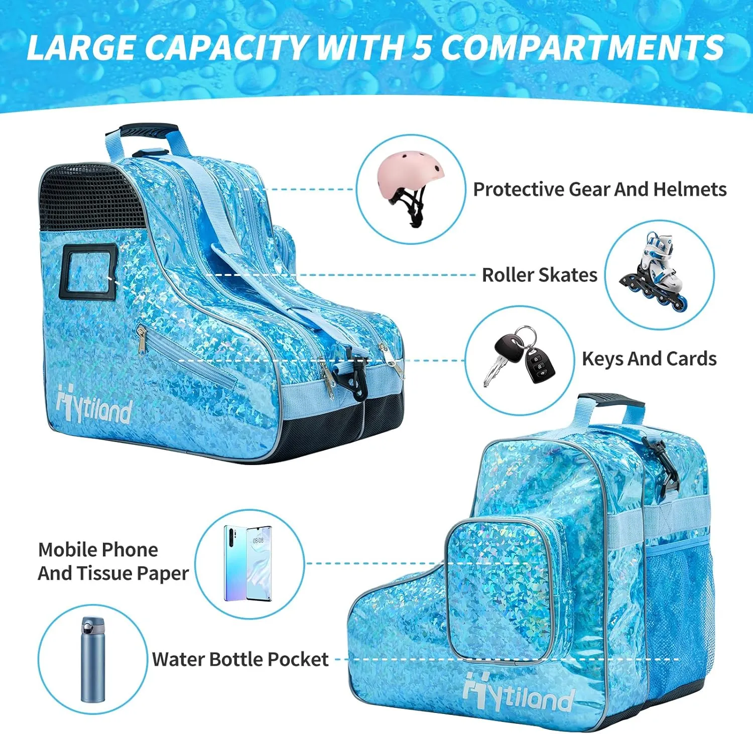 Roller Skate Bag Inline Skates Bag Stylish Plain Holographic Fashion Model Spacious Big Capacity Ice Skate Bag Breathable Mesh Waterproof & Durable Figure Skating Bag For Women And Youth