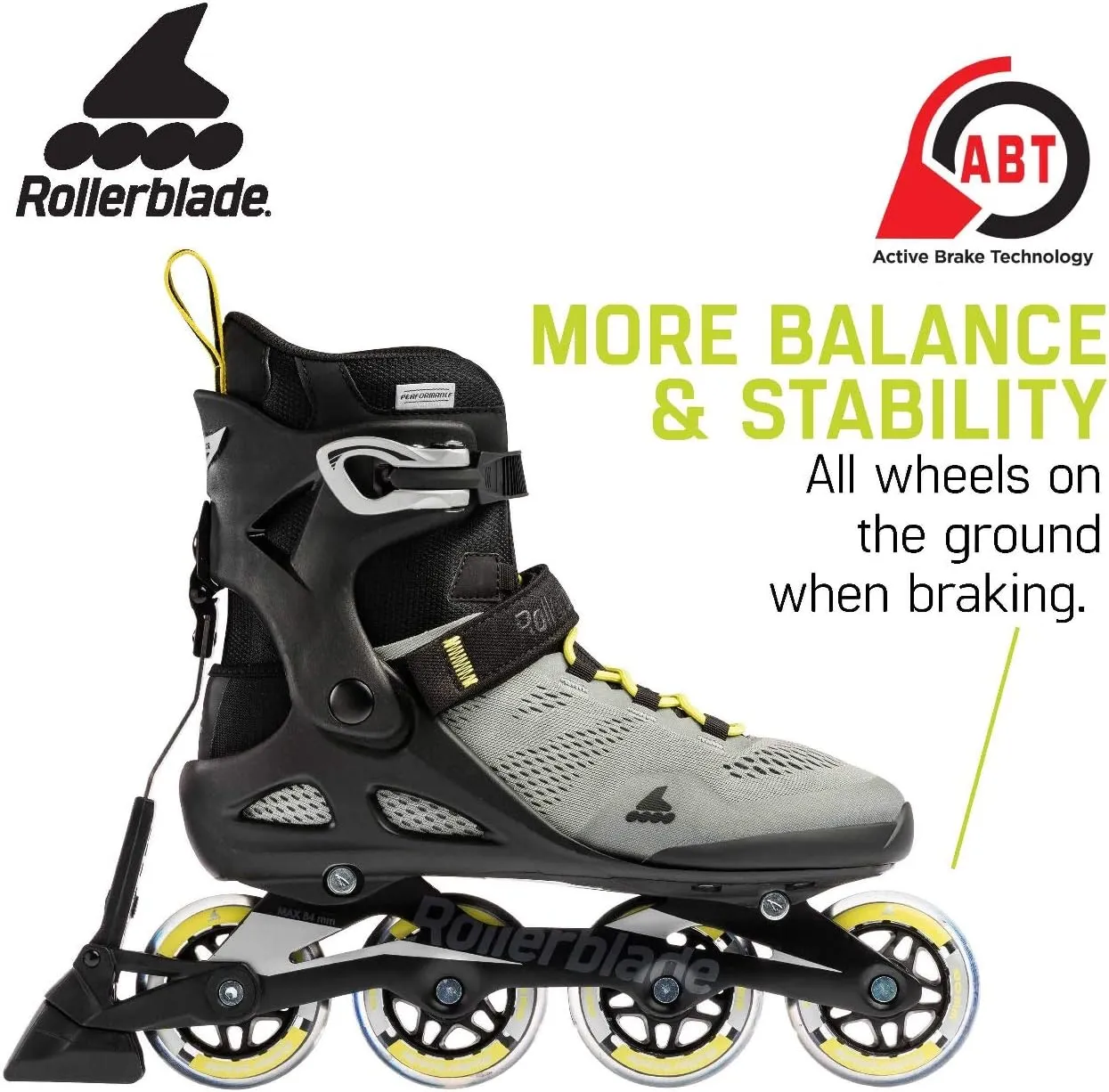 Rollerblade Macroblade 80 ABT Men's Adult Fitness Inline Skate, Silver/Neon Yellow, Performance Inline Skates