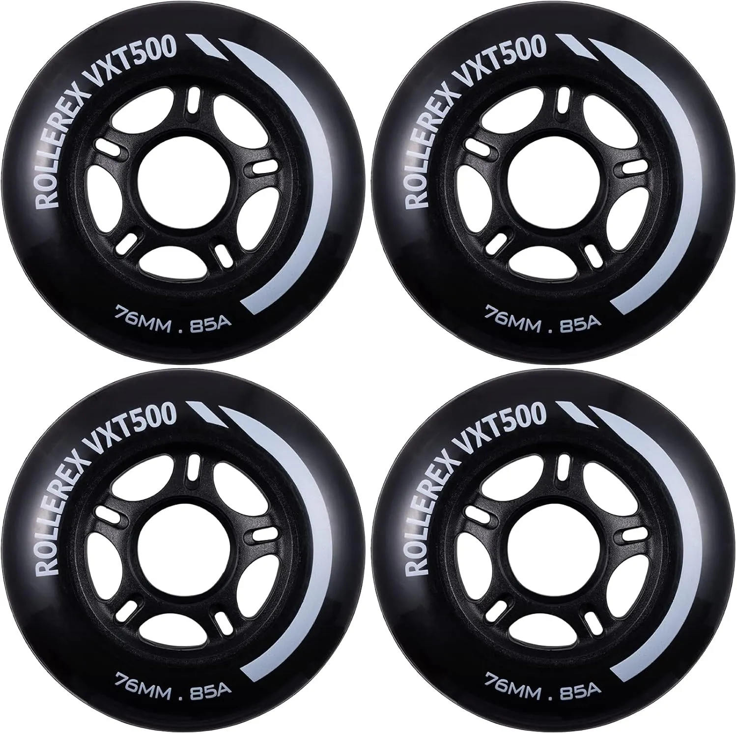 Rollerex VXT500 Inline Skate Wheels – 4-Pack (Optional Bearings, Spacers and Washers) - Durable Replacement Roller Blade Wheels for Indoor & Outdoor Skating (76mm, Steel Black)